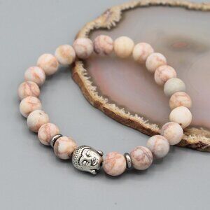 Pink silver Buddha jewelry bracelet stretch 8mm